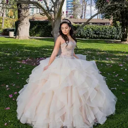 Beige Quinceanera Kleider Ballkleid Schatz Perlen Kristall Rüschen Rock Süße 16 Kleid Vestidos De 15 Jahre