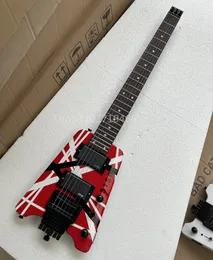 Rhxflame Eddie Edward Van Halen 5150 Rot Weiß Schwarz Streifen Headless E-Gitarre Palisander Griffbrett China EMG Tonabnehmer Tremolo Brücke Schwarze Hardware Dot Inlay