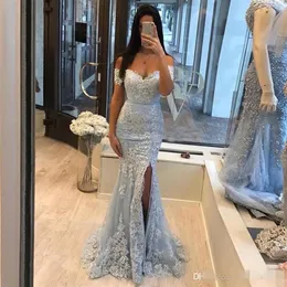 Sexy Off Shoulder Sliver Prom Dresses Lace Mermaid Style Appliques Front Split Stylish Evening Party Gowns Elegant Long Vestido249160d