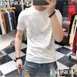 Herr t-shirts män bomull t shirt sommarstoppar borr kort smal fit plan strass design tryckt större storlek homme tee kläder d dhlw1