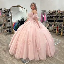Rosa sexiga off-shoulder bollklänning prinsessa 15 år gammal quinceanera klänning 2024 spets 3dflower glitter tyll födelsedagsfest klänningar