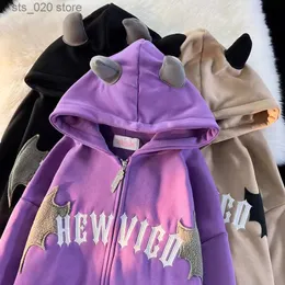 Kvinnors hoodies tröjor tjocka hiphop gotiska bat vinge djävul horn gotisk zip up hoodie jacka kvinnor tröja kawaii kläder harajuku vinter y2k t230727