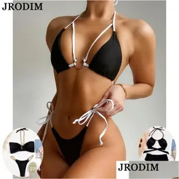 Kvinnors badkläder Kvinnor Jrodim Y Halter Thong Bikini Set 2021 Black Ring Bandage Swimsuit Women Two-Pieces High midja 4 Style Bathing Dhnpx