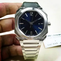 Versão outubro 102856 relógio masculino automático caixa prata mostrador azul pulseira de aço inoxidável 41 mm relógios masculinos novos data presente perfeito258f