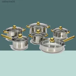 12pcs Pot with Glass Pot Lid Uncoated Stainless Steel Pot Set Household All Applicable Golden Handle with Kettle Cooking Pot Set L230621