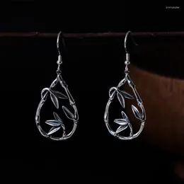 Orecchini pendenti autentici in argento sterling con foglie di bambù a goccia per le donne in stile vintage cinese fai il vecchio commercio all'ingrosso di gioielli artigianali