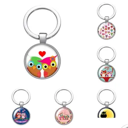 Nyckelringar Lanyards Lovely Owl Glass Cabochon Keychain Bag Car Key Chain Ring Holder Charms Sier Plated Men Women Gift Drop Delivery DH0G7