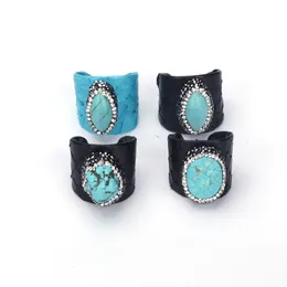 Wedding Rings Luxury Jewelry Blue Howlite Turquoises Bead Pave Charms Black Real Snake Leather Adjustable Open Ring Cuff Women Man 230726