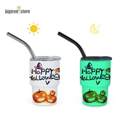 3oz Sublimation Glow in Dark Schnapsglas Tasse 90ML Halloween Weinbecher Kleines Schnapsglas mit Deckel und Strohhalm für DIY weiß