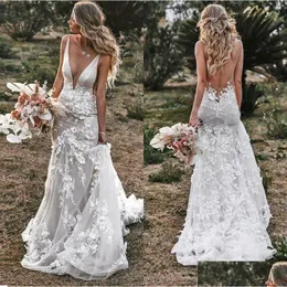 Mermaid Dresses Vintage Spaghetti Dress 2021 V-Neck Backless Lace Appliques 3D Flowers Country Bridal Gown Plus Size Custom Made Drop Dhzew