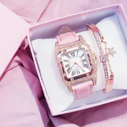 Relógios de pulso mulheres diamante relógio estrelado quadrado dial pulseira relógios conjunto senhoras pulseira de couro quartzo relógio de pulso feminino relógio zegarek damski 230727