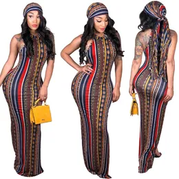 Podstawowe sukienki swobodne Summer Elegancki temperament Lady Wild Fashion Sexy Striped Bohemian Print Casual Dress with Turban 230726