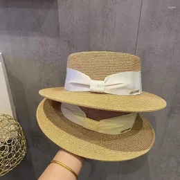 Breda brimhattar 2023 Temperament Flat Top Straw Hat Leisure Summer Sunscreen Women's Fashion Bow Travel Beach Vintage