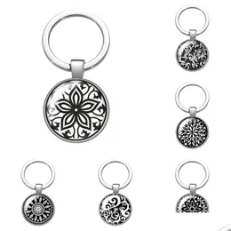 Keychains Lanyards Nya svarta mönster Flowers Glass Cabochon Keychain Bag bil Key Chain Ring Holder Charms Sier Color for Women Gift DH9RL