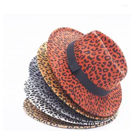 Berets British Style Women Men Leopard Pattern Jazz Hat Flat Brim Artificial Wool Felt Fedora Hats With Black Ribbon Cowboy Trilby Cap