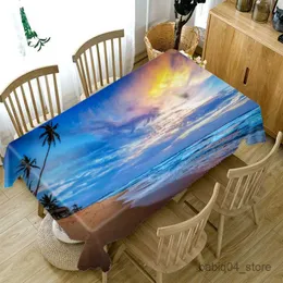 Table Cloth Thicken Cotton Tablecloth 3D Sunset Seascape Pattern Island Coconut Tree Rectangular Table Cloth for Wedding Decor R230727