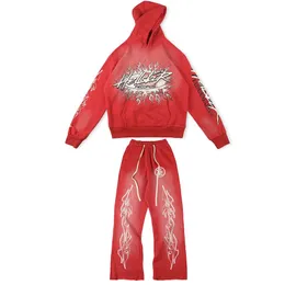 Hoodies Flare Pants Red Sports Suit Plus Size Men Womens Vintage Printed Hip Hop Sweatshirts Fleece Men's Tops 23FW 5 Styles