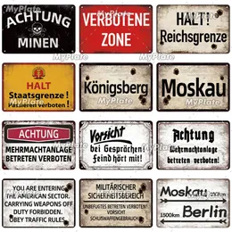 Vintage Achtung Halt War Metal Signs Berlin Tin Sign Plaque Warning Caution Metal Plate Wall Decor For Pub Club Man Cave Plate Bar Outdoor Decoration 30X20CM w01