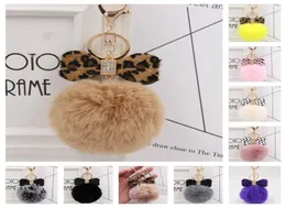 8CM Leopard Bow Pompom Keychain Party Gift Fluffy Faux Rabbit Fur Ball Women Handbag Pendants Car Key Ring Keychains Jewelry3420480