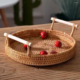 Cestas de armazenamento 32 cm rattan tecido à mão bandeja de servir redonda prato de comida com alças de madeira cesta de vime para cesta de pão de frutas