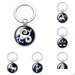 Keychains Lanyards 12 Constellations Beauty Glass Cabochon Keychain Bag Car Key Chain Ring Holder Charms Sier Color for Men Women Gi Dhfzk