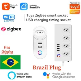 スマートパワープラグZigbee Wifi Brazil Power Strip Tuya Smart Plug Power Strip Extension Cord Smart Home Socket Work Alexa Surge Protector HKD230727