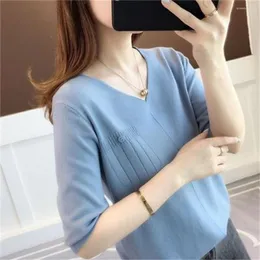 Women's Sweaters 2023 Spring V-Neck Silk T-Shirt Seven Point Sleeve Top Loose Thin Base Shirt Middle For Summer H168