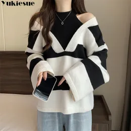 Women's Knits Tees Korean Leisure Spring Harajuku Tops Striped Sweater Women Fake TwoPiece Halter Off Shoulder Sueter Y2K Pullovers Knitwear 230727