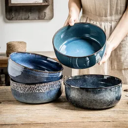Miski 1pc 8.5 "naczynia zupy retro niebieska seria matowa oszklona pogłębiona design domowy ceramiczne talerze obiadowe