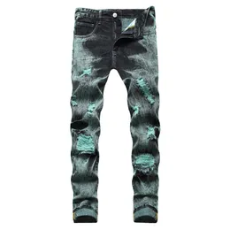Mäns jeans män y2k slips och färg denim jeans streetwear hål rippade raka byxor svarta gröna byxor 230727