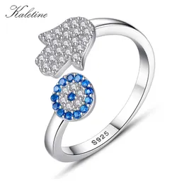 Pierścienie ślubne Kaletine 925 Sterling Silver Blue Eye Hamsa Hand Fatima Regulowane żeńskie biżuteria z otwartego rozmiaru 230726