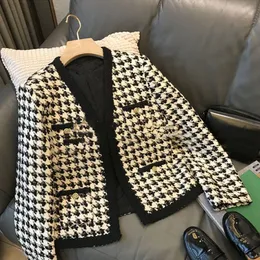 Autumn new women's tweed jacket woolen houndstooth plaid grid color block short coat plus size casacos SMLXL