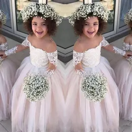 Pizzo Sheer maniche lunghe Little Girls Pageant Gowns Tulle Ball Gown Flower Girl Abiti per matrimonio Baby Birthday Party Dress Cheap247F