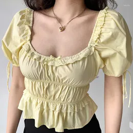 Kvinnors blusar hikigawa koreansk chic modeblus fyrkantig krage solid ruffled lapptäcke skjorta alla matchar avslappnad söt topp blujer mujer de de