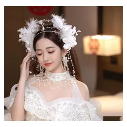 Other Fashion Accessories Bride Headwear 2023 Super Immortal Feather Crown Hair Tassel Set High End Temperament P Ography Jewelry Dr Otdof