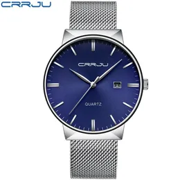 CRRJU, relojes de negocios con esfera azul para hombre, reloj de cuarzo de moda resistente al agua de acero inoxidable para hombre, reloj de vestir delgado para hombre erkek kol saati235I