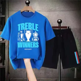 Fatos de Treino Masculino Treble Trophies Camiseta Azul Curto Moda Casual Futebol Gráfico Conjuntos Masculinos de Verão Algodão Roupas Estéticas 230727