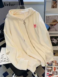 Frauen Hoodies Sweatshirts Jielur Bestickte Kapuze Koreanische Sweatshirt Strickjacke Herbst Dünne Mantel Weibliche Reißverschluss Aprikose Streetwear M XL 230728