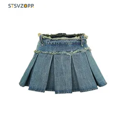 Kjolar stsvzorr denim shorts sommar koreanska mode flickor nisch vikar original kant fold skid 230728