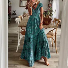 Basic Casual Dresses Summer Vintage Long Dress Women's Bohemian Elegant Print V-Neck Dress Beach Holiday Casual Swing Long Dress 230728