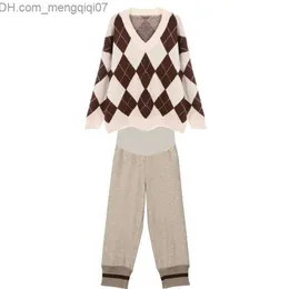 Conjunto de duas peças para gestante moda feminina maternidade solto suéter e calça de malha lisa conjunto de duas peças para lã feminina roupas de inverno M-2XL Z230728