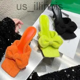 Slippers 2022 luxury new candy color terry cloth high-heeled sandals women's bow girls square head one-word slippers women J230728