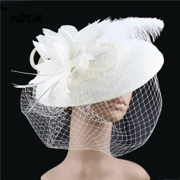 結婚式のヘアジュエリーnzukブライダルウェディングハット女性のための象牙リネンメッシュヘッドピース帽子feather