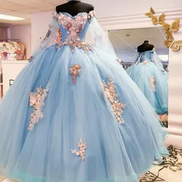 Sky Blue Princess Sexy Off the Shoulder Puff Sleeve Quinceanera Dress Lace Appliques Pärlor Bollklänning Puffy Dress 15th Vestidos