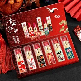 Lipstick 6pcs/مجموعة صينية التصميم التقليدي غير اللامع مجموعة أحمر الشفاه مقاومة للماء طويلة الأمد لمعان الشفة العارية الصباغية الخاتم.