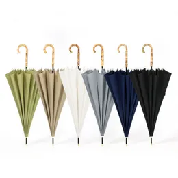 Umbrellas 16 Ribs Straight Umbrella Windproof Solid Color Long Handle Unisex Bamboo Handles Pongee Waterproof Long Handle Umbrella Q362