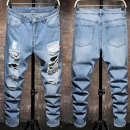 Mäns jeans knä stora rippade hål blixtlås nödförstörelse förstörde hiphop daglig casualtrendy