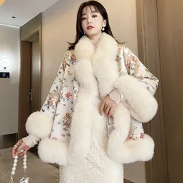 Women's Fur Faux Fur Autumn Winter Faux Fur Coat Women China-Style Satin Fabric Embroidery Jacket Cloaks Overcoat Young Girl Belt Outerwear Tops HKD230727