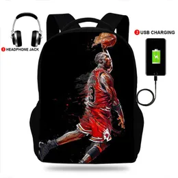 Luxury Basketball Basket Print College ryggsäck USB Charger School Bag Baptop Ryggsäckar för tonårsskolväska pojkar Mochila 0728