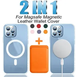 2 i 1 för Magsafe Magnetic Wireless Charging Case för iPhone 15 14 13 12 11 Pro Max Mini Leather Plånbokskorthållare täcker tillbehör